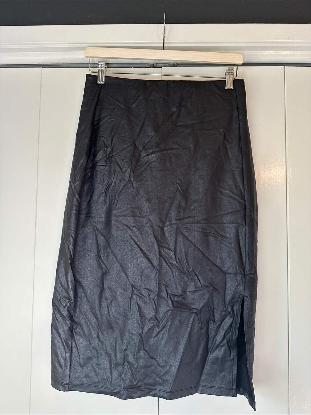 NWT POPILUSH Black Faux-Leather Midi Skirt with Built in Shape Wear - XL